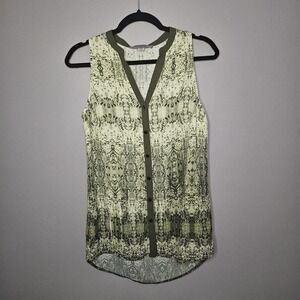 Ruff Hewn Women XS Blouse Sleeveless Button Front Snake Print Olive